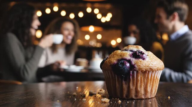 Delicious blueberry muffin in foreground with joyful group of friends enjoying coffee indoors in warm bokeh lighting