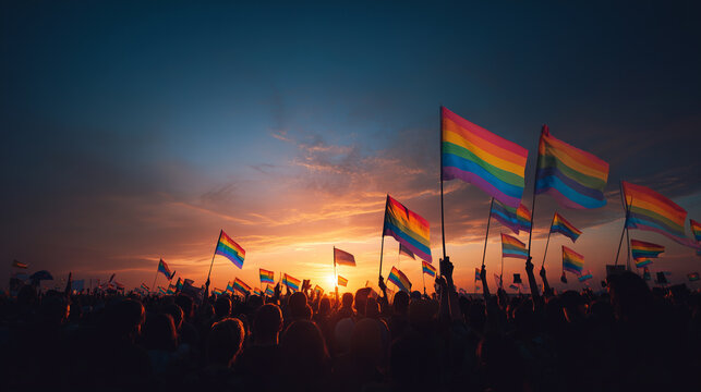 lgbt pride crowd with rainbow flags at sunset protest rally in city