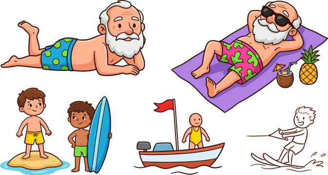 Summer Vacation Cartoon Characters Set with Beach Activities Surfing Boating Sunbathing and Relaxing Elderly Man and Kids in Tropical Holiday Scenes