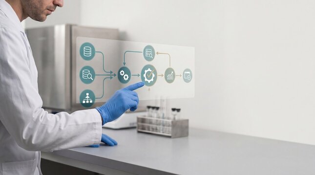 Scientist in laboratory analyzing complex data flowchart on virtual screen, representing research process, biotechnology innovation, medical testing, and scientific database