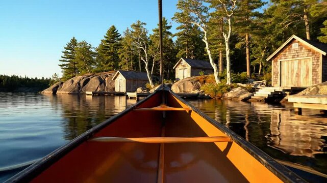 Scenic canoe ride near wooden cabins and docks on calm lake with trees and bright sunlight
