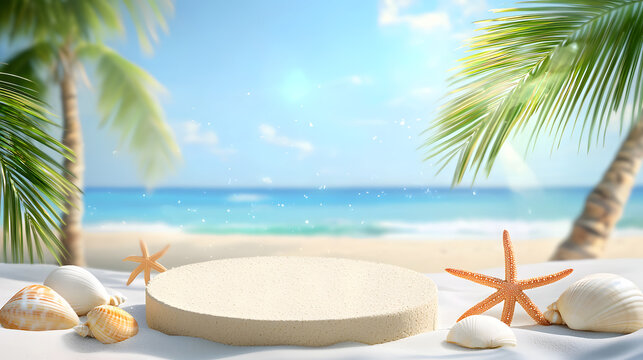 A white round podium set up on a tropical beach surrounded by shells and starfish, against a backdrop of palm trees and the ocean - product display, summer theme