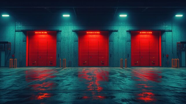 Red doors, neon lights, wet floor, industrial loading dock, nighttime scene