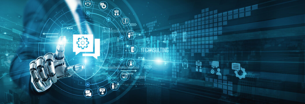 Tech robot hand touch cloud shield IT CONSULTING services. Expert advisors implement innovative software solutions to transform legacy systems and enhance digital agility for firms.