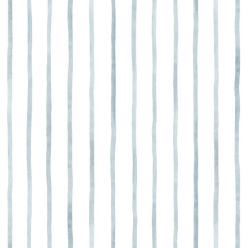 Seamless watercolor pattern with blue vertical stripes, hand-drawn repeat print for background, fabric, home textile, wallpaper or cover. Handmade illustration.