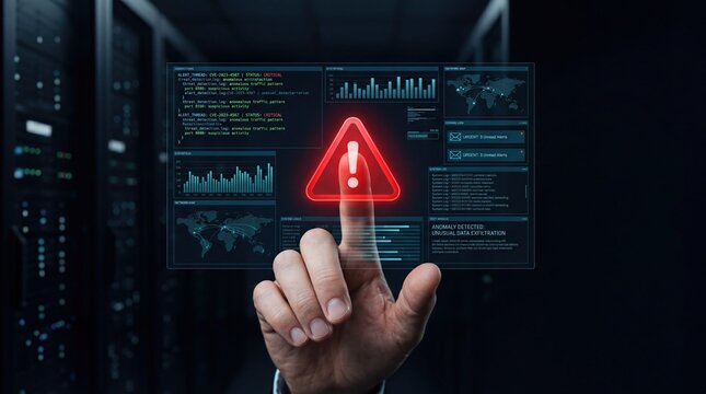 Cyber security alert warning on digital screen, hand touching red exclamation mark icon indicating anomaly detection and unusual data infiltration in server room background