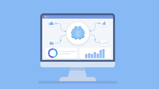 Minimal animated desktop monitor displaying AI dashboard with charts, connected nodes, and data flow, representing machine learning, analytics, and cloud based digital systems.