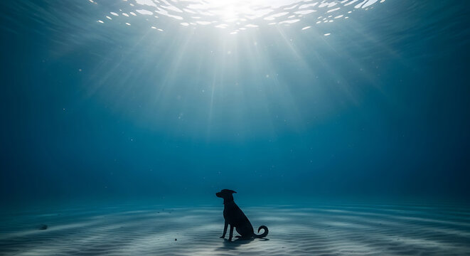 Silhouette of a small dog sitting on the sandy bottom of the deep blue ocean