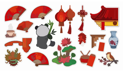 Chinese culture sticker collection with panda bamboo fans lotus flowers and traditional decorations flat icons © MstMonisha