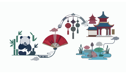 Chinese tradition concept illustration with panda bamboo fan lotus and decorative elements in modern flat style © MstMonisha