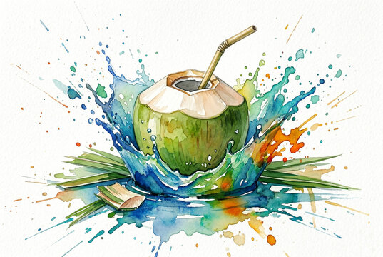 Fresh Green Coconut Water Splash Tropical Drink Illustration