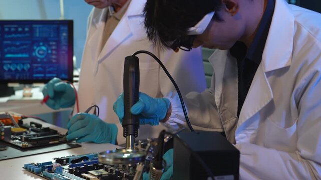 Computer Hardware Technician Repairing Motherboard with Soldering Iron in Electronics Lab.