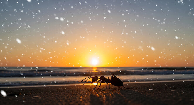 Small ant walking on the beach sand at sunset with falling snow in the air