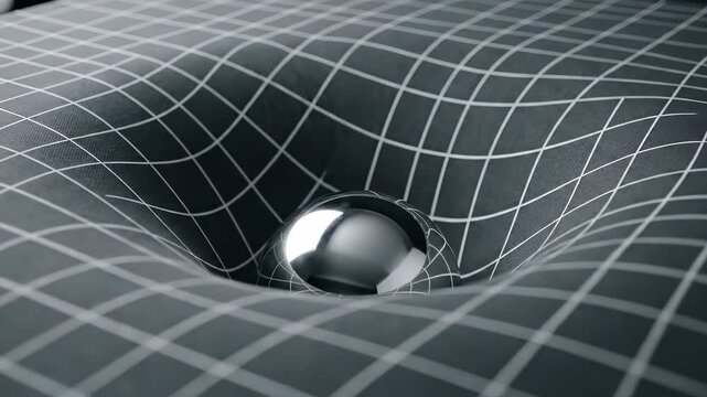 Metallic sphere demonstrating spacetime distortion, illustrating gravitational field curvature, general relativity principle, cosmic mass effect, universal fabric physics model, theoretical concept.