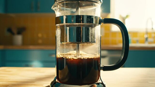 Brewing French press coffee with rising steam and kitchen backdrop for a morning ritual in close-up