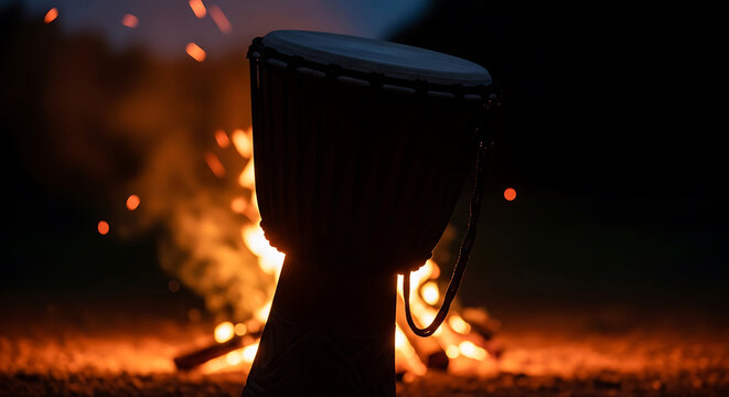 Traditional djembe drum silhouette glowing in front of a warm evening campfire