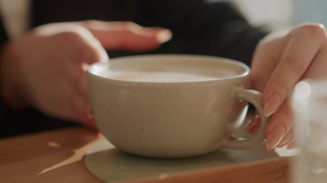 Warm cafe hands holding latte cup, soft sunlight and foam detail capture calm ritual of patron cradling ceramic mug on wooden table, slow deliberate gestures, creamy crema, subtle steam, natural light