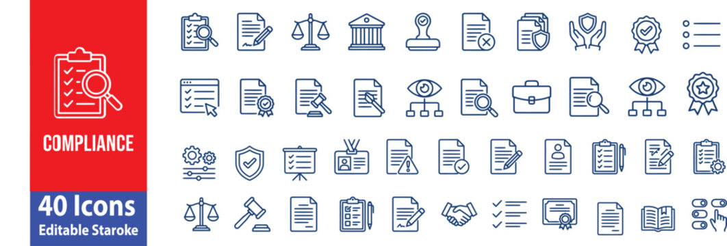 Compliance web icons in line style. Regulations, policy, legal document, quality control, responsibility, law. Editable stroke. Vector illustration.
