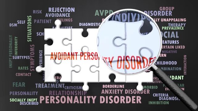 Avoidant Personality Disorder under magnifying glass, being researched and studied. Most important subjects closely related to avoidant personality disorder written around a puzzle.
