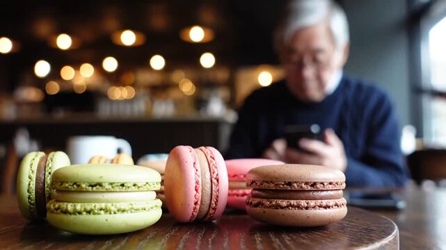 Colorful macarons on a wooden table with a blurred background of a senior man using a smartphone in a cozy cafe setting