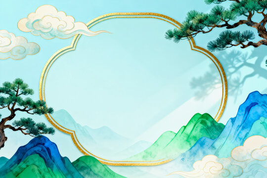 This watercolor oriental landscape features pine trees, misty mountains, auspicious clouds and a golden decorative frame, creating an elegant traditional Chinese style backdrop.