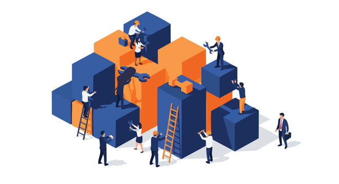 Collaborative cross-functional team building a scalable modular business framework for digital transformation and sustainable corporate growth