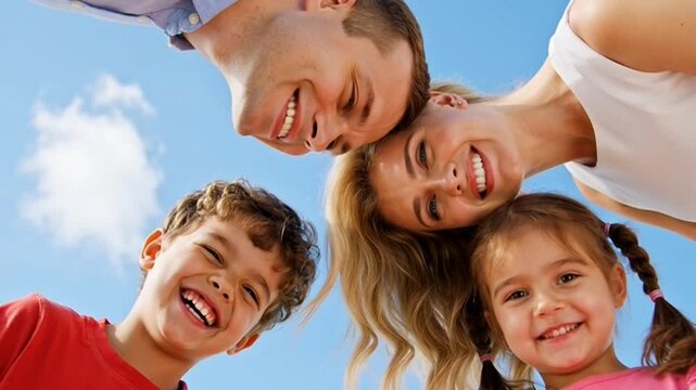 Family smiling together outdoors happily.