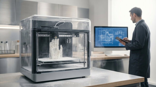 Desktop-scale industrial 3D printer mid-cycle producing a white lattice prosthetic hand component, the build plate surrounded by fine polyme