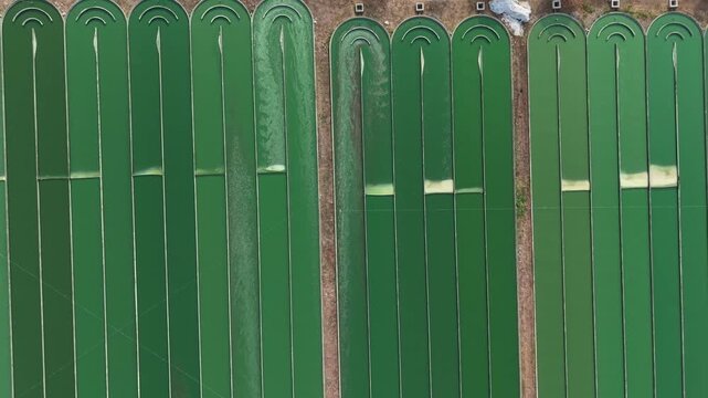 Microalgae Cultivation in Open Ponds, Aerial View of Algae Production Facility for Biofuel and Biotechnology