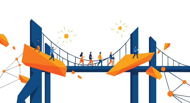 Strategic cross-functional team navigating a digital bridge toward corporate growth and successful project delivery