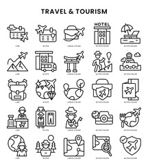 Fototapeta premium Set of 25 travel and tourism icons outline style airplane flight ticket hotel building passport luggage map navigation backpack taxi camera travel insurance