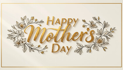 Obraz premium Happy Mother's Day greeting card design featuring elegant floral elements and golden typography on a light background with decorative borders