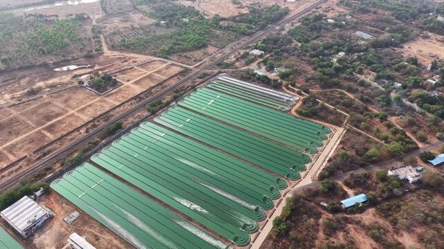 Microalgae Cultivation in Open Ponds, Aerial View of Algae Production Facility for Biofuel and Biotechnology