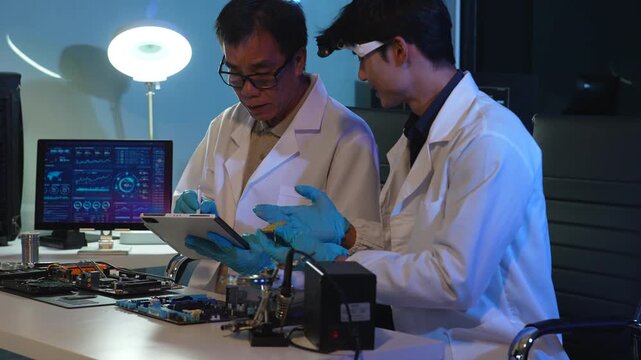 Computer Hardware Technician Repairing Motherboard with Soldering Iron in Electronics Lab.