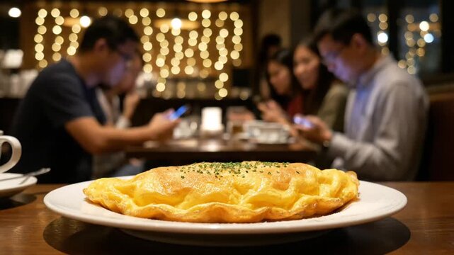 Close-up of a delicious fluffy omelet served on a white plate amidst a cozy restaurant setting with softly glowing fairy lights