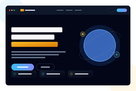 Sleek dark mode web interface showcasing input forms, interactive buttons, and abstract data sphere