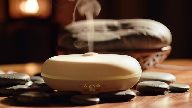 Aromatherapy diffuser with steam and spa stones on a wooden table.