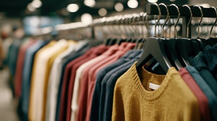 Fototapeta premium Colorful clothes hanging on racks in a retail store during a busy shopping day