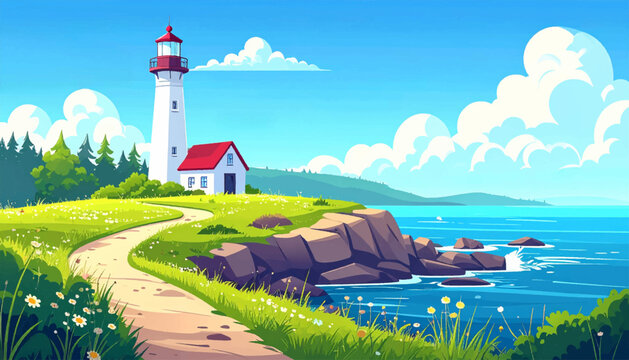 Curving seaside trail reaching lighthouse beside turquoise water. Bright cliff path vector for adventure posters and coastal campaigns. Fresh summer beacon landscape with flowers rocks forest