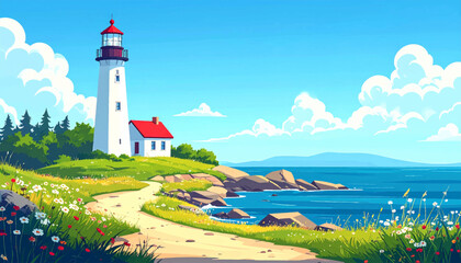 Obraz premium Elegant island lighthouse viewed through garden flowers and trees. Soft coastal vector for premium travel decor and nature branding. Romantic seaside illustration with rocky isle calm water and blooms