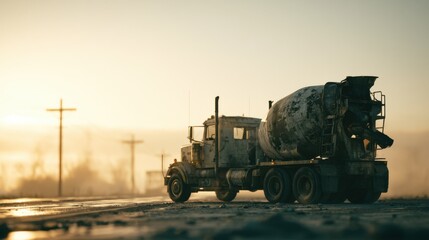 Fototapeta premium Concrete mixer truck parked on the side of a deserted road during early morning hours with a rising sun in the background