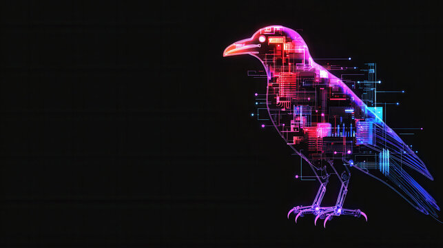 Futuristic robotic crow design featuring vibrant neon colors and digital circuitry, symbolizing technology and innovation