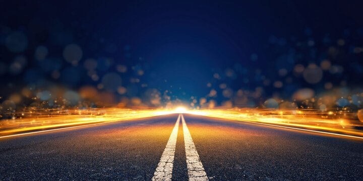 Abstract road leading to bright light with glowing streaks and bokeh effects