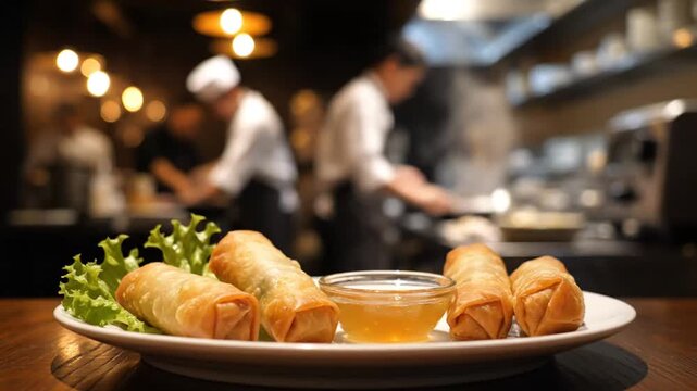 Crispy spring rolls served on a white plate with dipping sauce in a lively kitchen environment