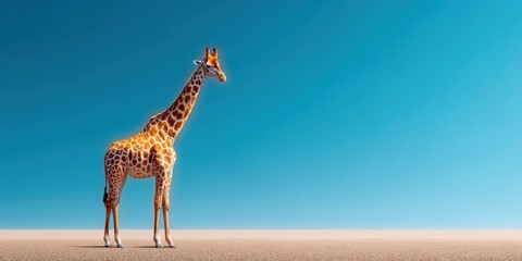 Obraz premium A solitary giraffe stands tall against a vast, clear blue sky in the savanna