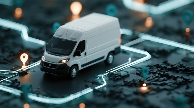 Model van driving on a digital map with glowing lines and location pins showing routes and destinations