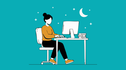 Woman working remotely on computer at night, flat illustration © CANVAUX