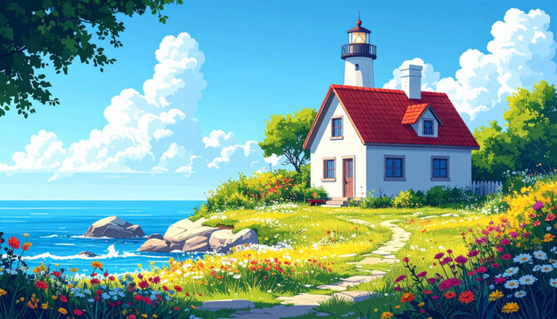 Lighthouse cottage garden with colorful flowers and calm sea. Seaside home vector for summer posters decor and travel content. Blooming coastal yard beside beacon cottage and ocean horizon