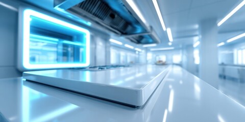 Fototapeta premium Sleek futuristic kitchen interior with glowing blue accents and clean lines