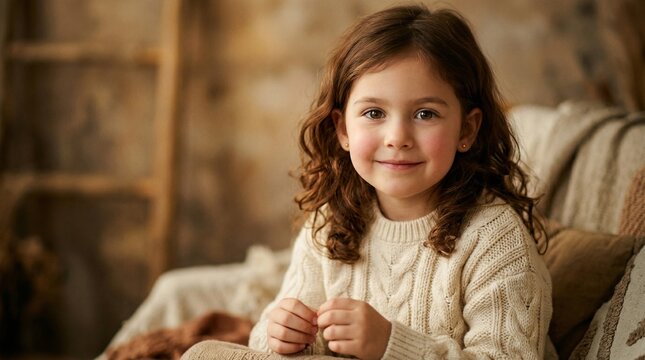 Cute little girl with curly hair in cozy knit sweater at home, warm lifestyle portrait, childhood comfort and innocence